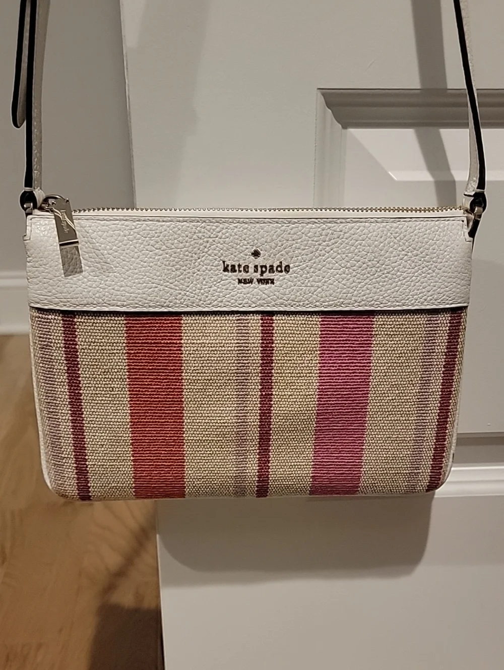 kate spade Cream, Pink & Orange Striped Canvas With Leather Trim Crossbody Bag